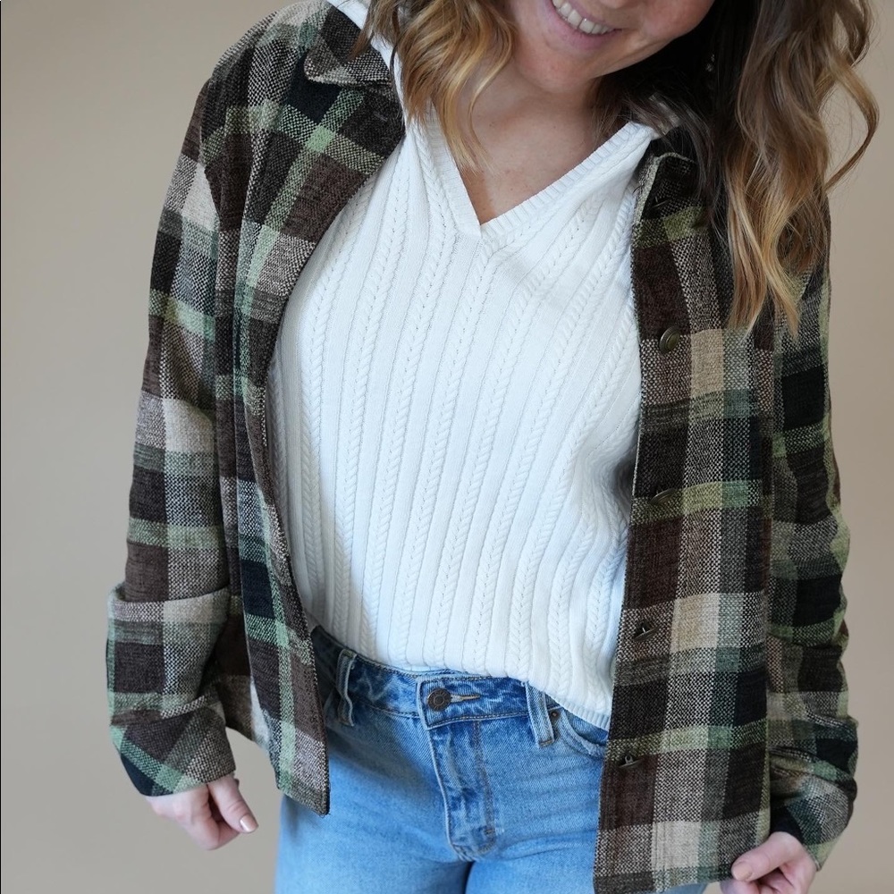 Plaid velvet material jacket. Perfect neutral colors. For spring or fall.